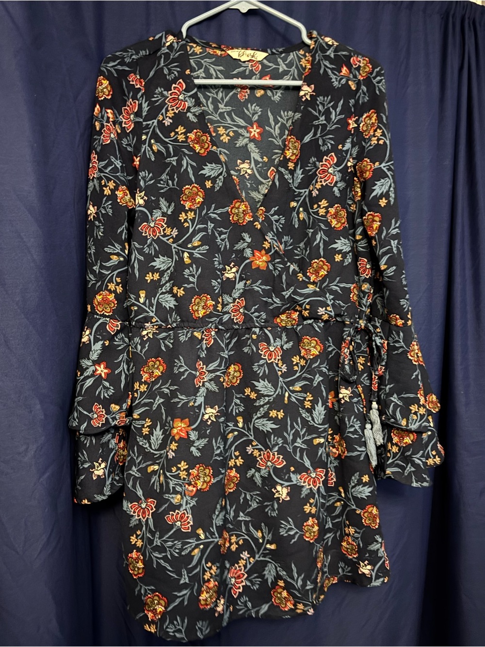 Floral Wrap Dress in Black with Orange Accents & bell sleeves